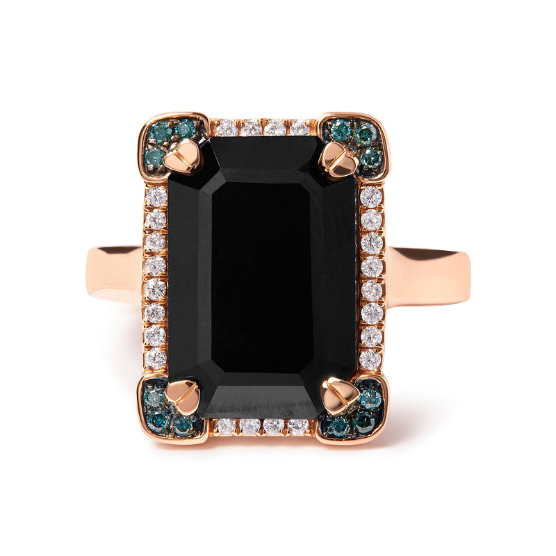Bids.com 14K Rose Gold 15x10 MM Emerald-Cut Black Onyx and 1/5 Cttw Blue and White Diamond Halo Cocktail Ring (G-H Color, SI1-SI2 Clarity)- Size 7 Rings White Smoke 7 / Rose.Gold