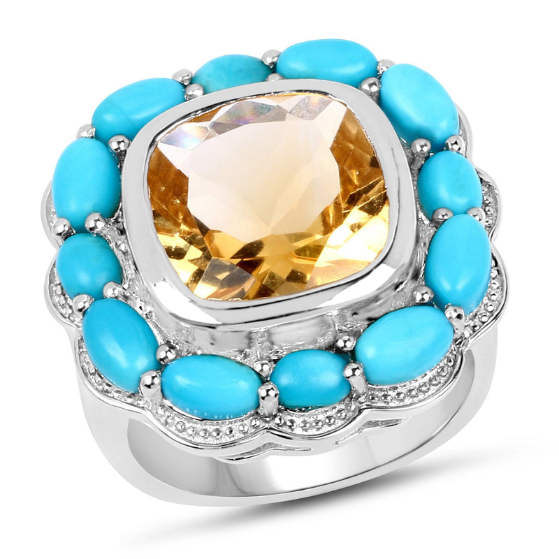 Bids.com 9.26 Carat Genuine Citrine and Turquoise .925 Sterling Silver Ring Rings White Smoke size 7.00,size 5.00,size 6.00,size 8.00,size 9.00