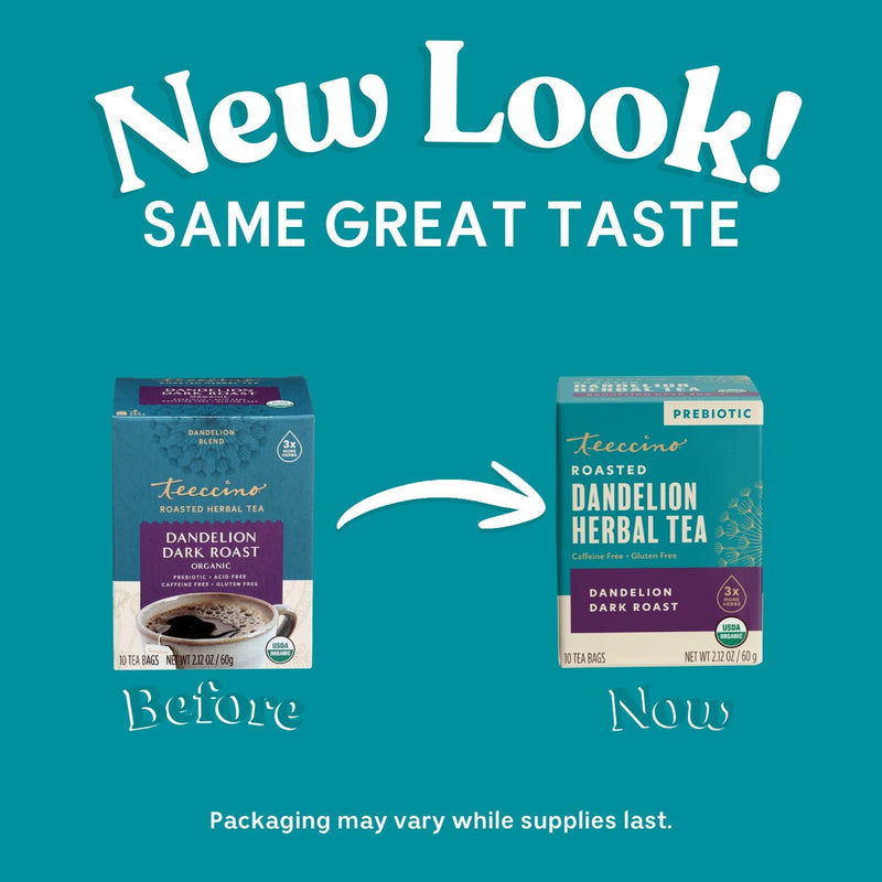 Teeccino Dandelion Dark Roast Roasted Herbal Tea Herbal Tea Dark Cyan 25 tea bags,10 tea bags,50 tagless eco-friendly tea bags