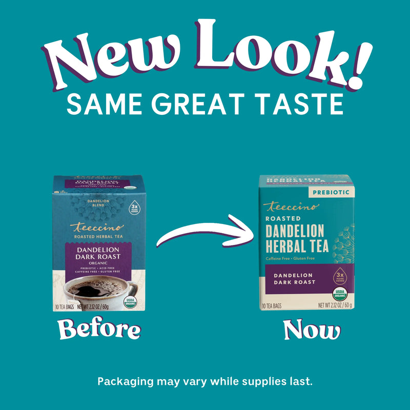 Teeccino Dandelion Dark Roast Roasted Herbal Tea Herbal Tea Dark Cyan 25 tea bags,10 tea bags,50 tagless eco-friendly tea bags