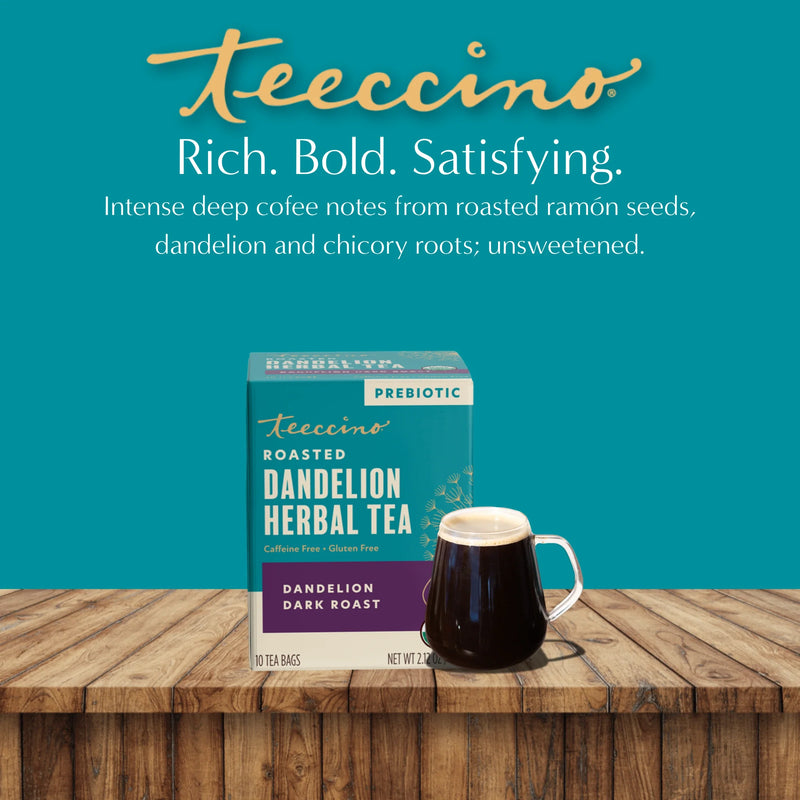 Teeccino Dandelion Dark Roast Roasted Herbal Tea Herbal Tea Dark Cyan 25 tea bags,10 tea bags,50 tagless eco-friendly tea bags