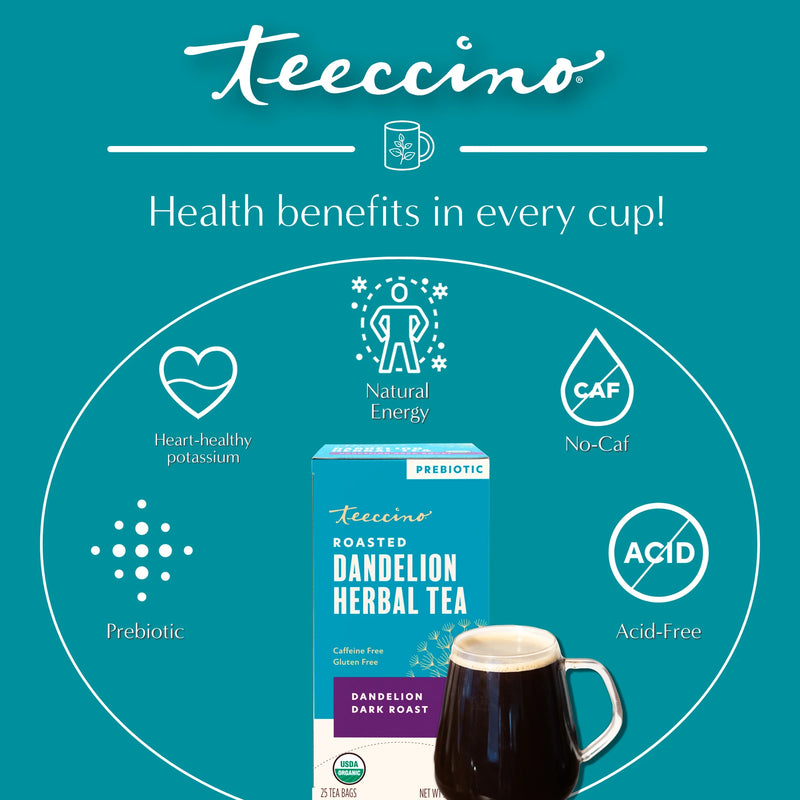 Teeccino Dandelion Dark Roast Roasted Herbal Tea Herbal Tea Dark Cyan 25 tea bags,10 tea bags,50 tagless eco-friendly tea bags