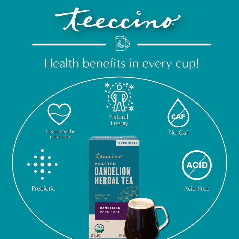 Teeccino Dandelion Dark Roast Roasted Herbal Tea Herbal Tea Dark Cyan 25 tea bags,10 tea bags,50 tagless eco-friendly tea bags