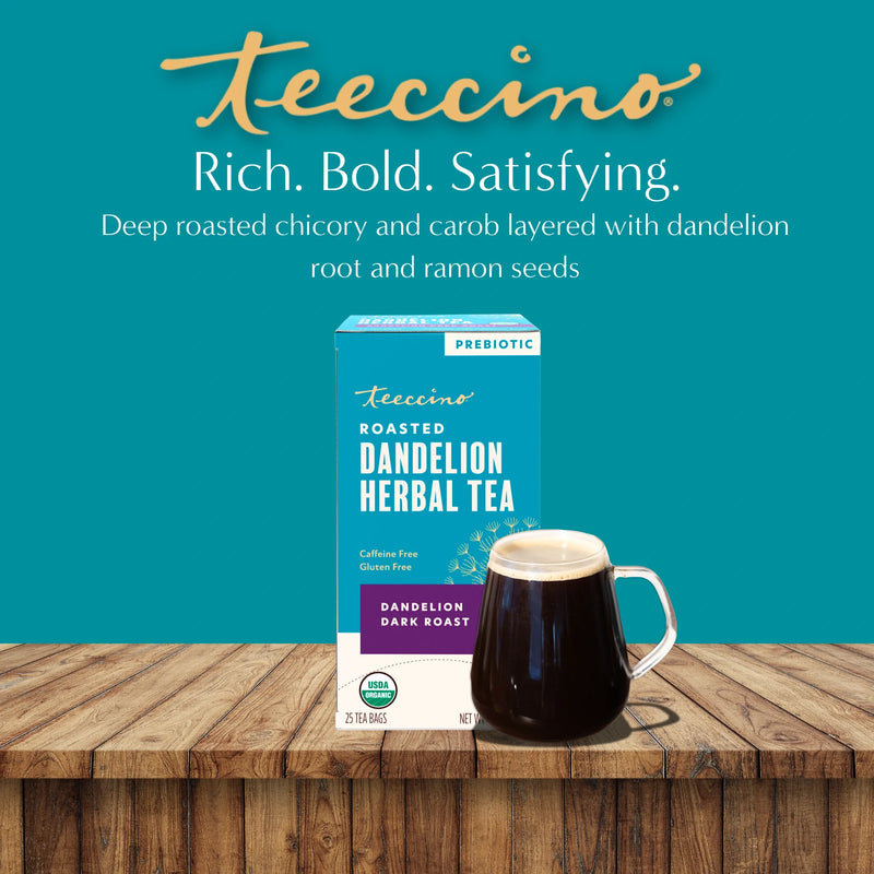 Teeccino Dandelion Dark Roast Roasted Herbal Tea Herbal Tea Dark Cyan 25 tea bags,10 tea bags,50 tagless eco-friendly tea bags