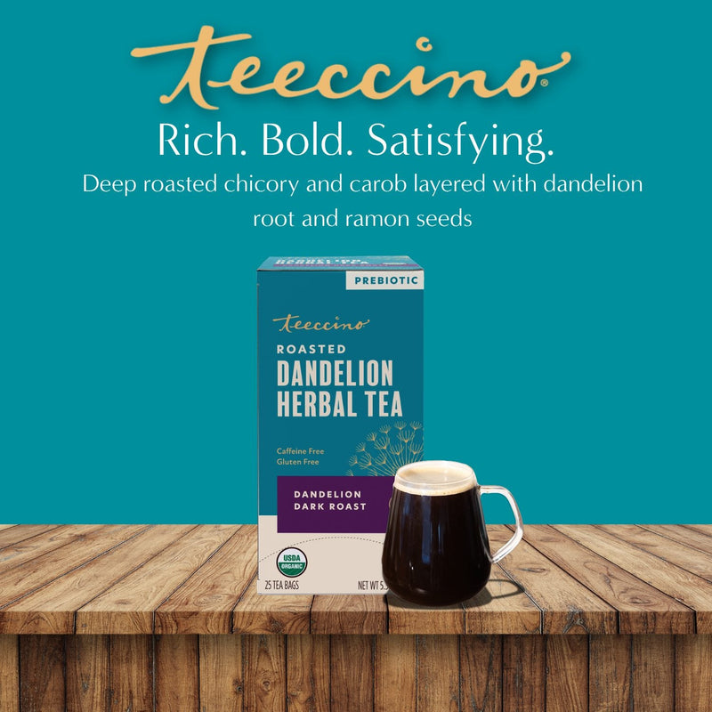 Teeccino Dandelion Dark Roast Roasted Herbal Tea Herbal Tea Dark Cyan 25 tea bags,10 tea bags,50 tagless eco-friendly tea bags