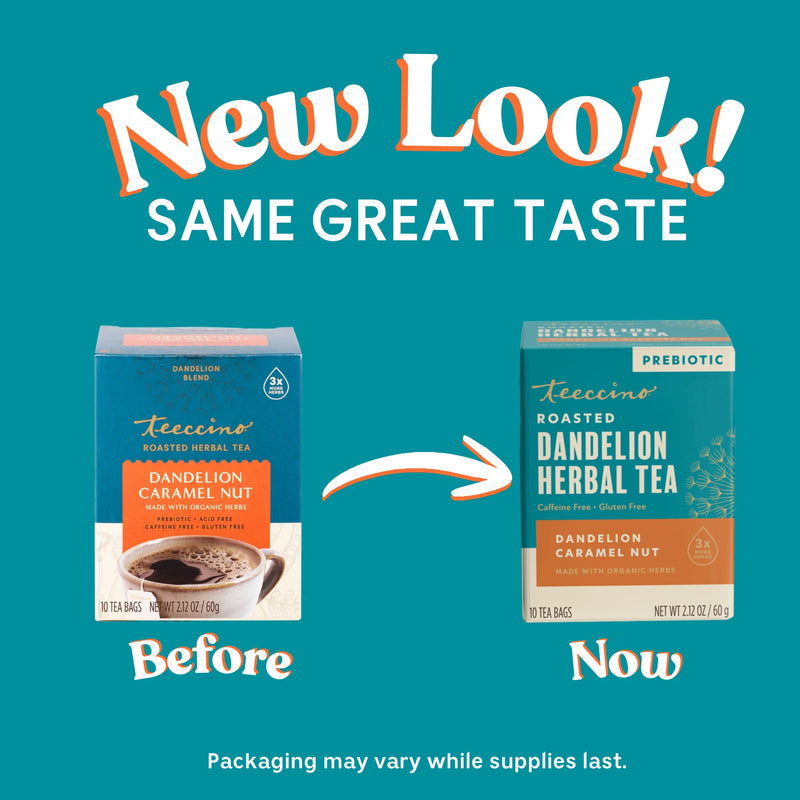 Teeccino Dandelion Caramel Nut Roasted Herbal Tea Herbal Tea Dark Cyan 25 tea bags,10 tea bags,50ct loose tagless tea bags