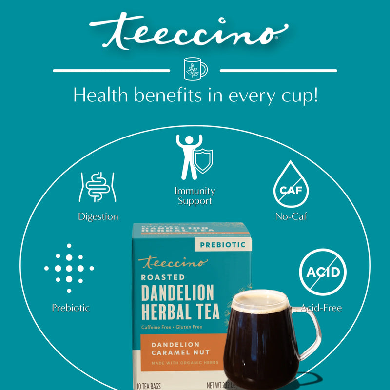 Teeccino Dandelion Caramel Nut Roasted Herbal Tea Herbal Tea Dark Cyan 25 tea bags,10 tea bags,50ct loose tagless tea bags