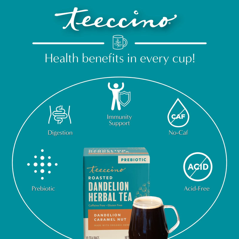 Teeccino Dandelion Caramel Nut Roasted Herbal Tea Herbal Tea Dark Cyan 25 tea bags,10 tea bags,50ct loose tagless tea bags