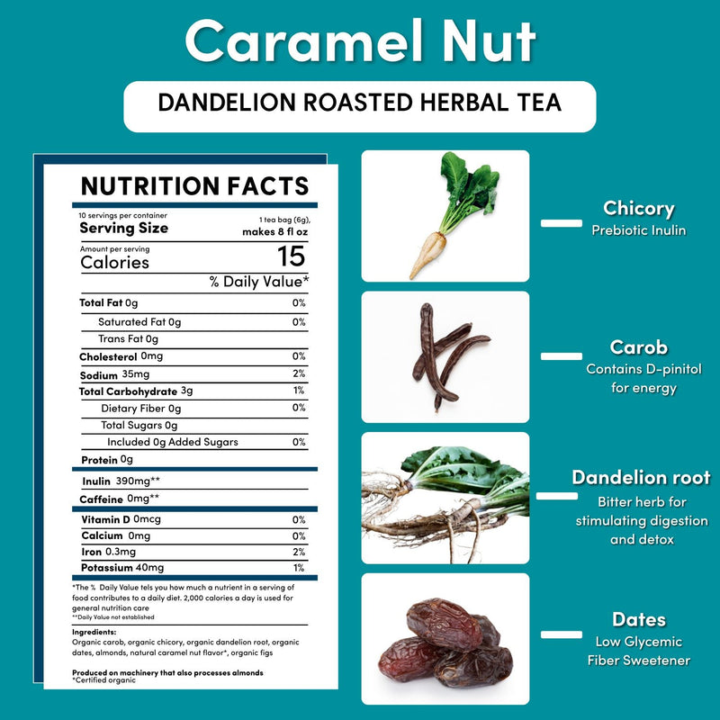 Teeccino Dandelion Caramel Nut Roasted Herbal Tea Herbal Tea Dark Cyan 25 tea bags,10 tea bags,50ct loose tagless tea bags