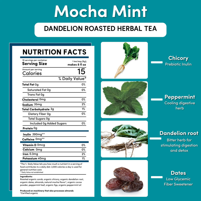 Teeccino Dandelion Mocha Mint Roasted Herbal Tea Herbal Tea Dark Cyan 25 tea bags,10 tea bags