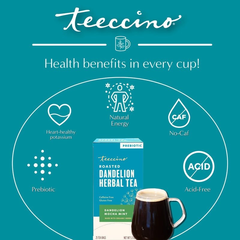 Teeccino Dandelion Mocha Mint Roasted Herbal Tea Herbal Tea Dark Cyan 25 tea bags,10 tea bags