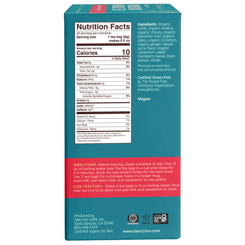 Teeccino Dandelion Red Chai Roasted Herbal Tea Herbal Tea Steel Blue 25 tea bags,10 tea bags