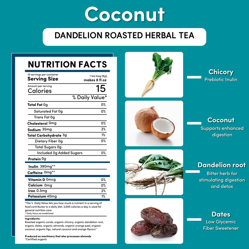Teeccino Dandelion Coconut Roasted Herbal Tea Herbal Tea Dark Cyan 25 tea bags,10 tea bags