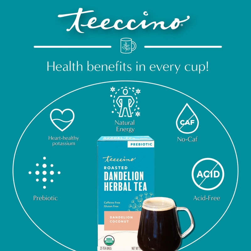 Teeccino Dandelion Coconut Roasted Herbal Tea Herbal Tea Dark Cyan 25 tea bags,10 tea bags