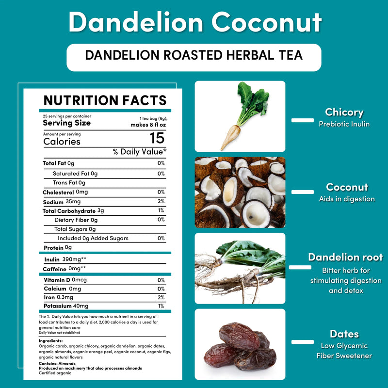 Teeccino Dandelion Coconut Roasted Herbal Tea Herbal Tea Dark Cyan 25 tea bags,10 tea bags