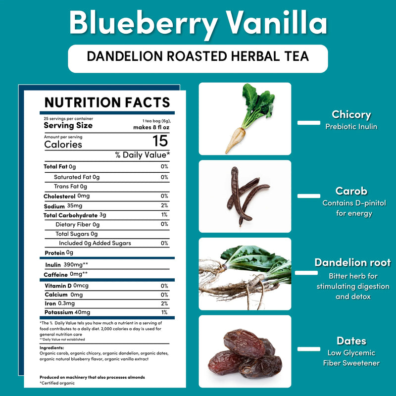 Teeccino Dandelion Blueberry Vanilla Roasted Herbal Tea Herbal Tea White Smoke 25 tea bags,10 tea bags