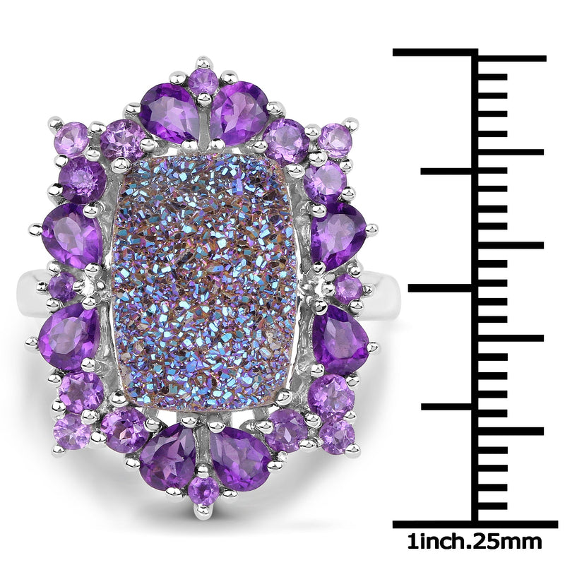 Bids.com 5.97 Carat Genuine Drusy Quartz and Amethyst .925 Sterling Silver Ring Rings White Smoke size 7.00,size 6.00,size 8.00,size 9.00
