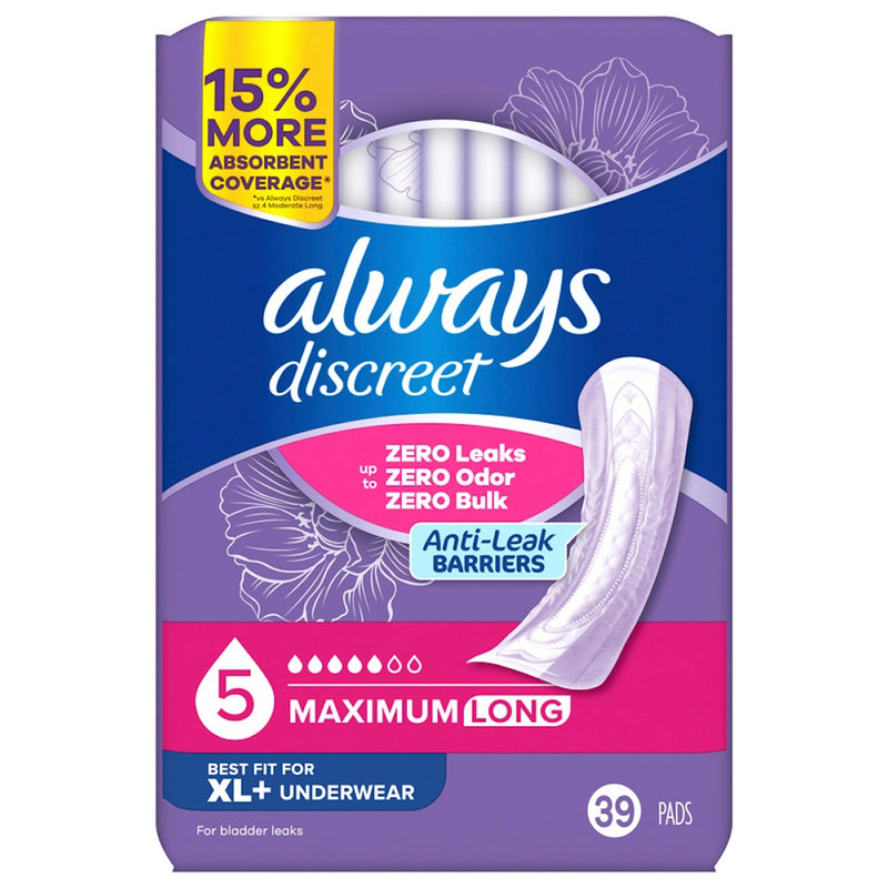 Always Discreet Always® Discreet Maximum Long Pad, Size 5, 39-Pack Incontinence Aids Slate Gray