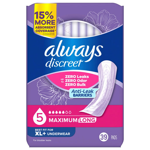 Always Discreet Always® Discreet Maximum Long Pad, Size 5, 39-Pack Incontinence Aids Slate Gray