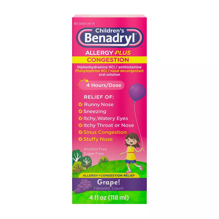 Benadryl Benadryl Children's Allergy Plus Congestion Relief Liquid - Grape - Diphenhydramine - 4 Fl Oz Health & Beauty Violet Red