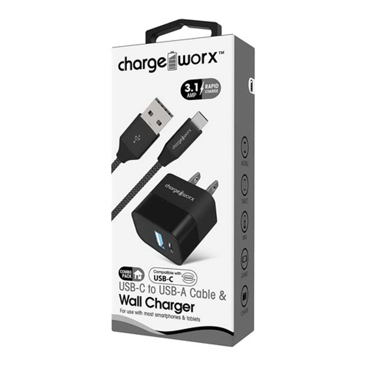 Chargeworx Chargeworx USB+USB-C Wall Charger & USB-C Cable, Black Cables White Smoke