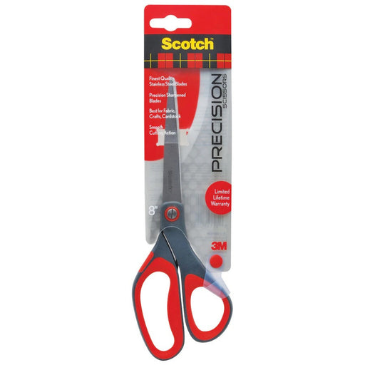 Scotch Scotch Precision Scissors, 8" Long, 3.13" Cut Length, Straight Gray/Red Handle Office Supplies White Smoke