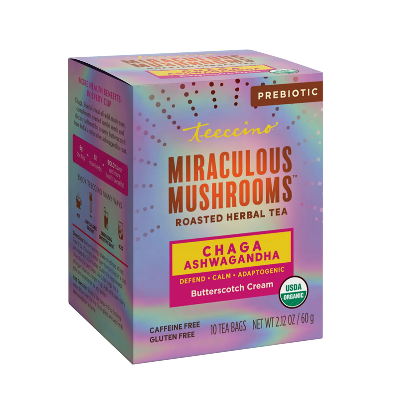 Teeccino Chaga Ashwagandha Butterscotch Cream Mushroom Herbal Tea Herbal Tea Black 25 tea bags,10 tea bags