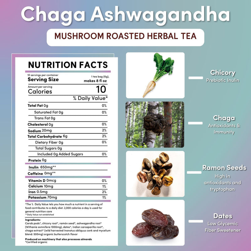 Teeccino Chaga Ashwagandha Butterscotch Cream Mushroom Herbal Tea Herbal Tea Dark Gray 25 tea bags,10 tea bags