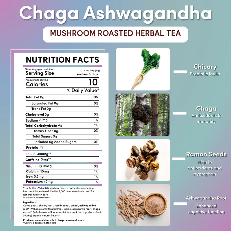Teeccino Chaga Ashwagandha Butterscotch Cream Mushroom Herbal Tea Herbal Tea Dark Gray 25 tea bags,10 tea bags
