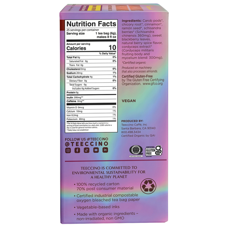 Teeccino Cordyceps Schisandra Cinnamon Berry Mushroom Herbal Tea Herbal Tea White Smoke 25 tea bags