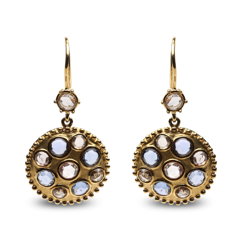 Bids.com 18K Yellow Gold 1 2/3 Cttw Diamond and Blue Sapphire Bezel Set Gemstone Cluster Medallion Dangle Earrings (Brown and G-H Color, SI1-SI2 Clarity) Earrings White Smoke Yellow.Gold / 1.65
