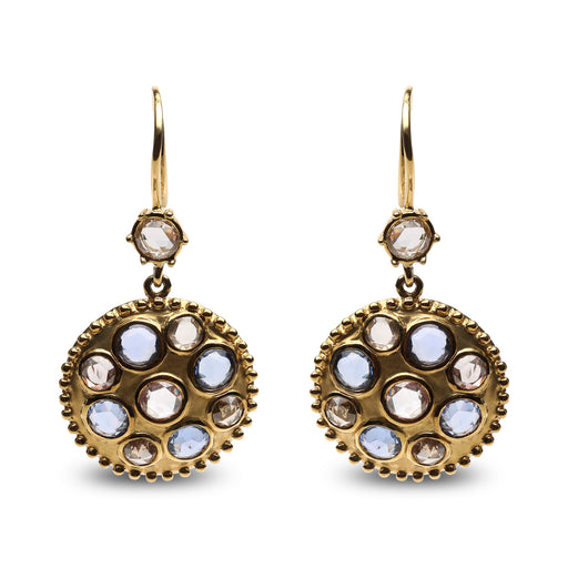 Bids.com 18K Yellow Gold 1 2/3 Cttw Diamond and Blue Sapphire Bezel Set Gemstone Cluster Medallion Dangle Earrings (Brown and G-H Color, SI1-SI2 Clarity) Earrings White Smoke Yellow.Gold / 1.65