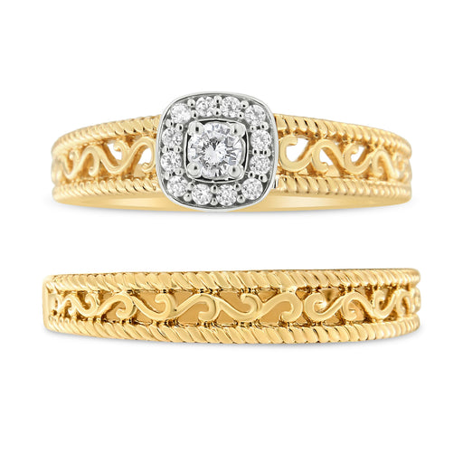 Bids.com 14K Yellow Gold Plated .925 Sterling Silver 1/5 Cttw Diamond Halo and Milgrain Finish Engagement Ring Bridal Set (I-J Color I3 Clarity) - Size 7 Rings White Smoke 9 / Yellow.Sterling Silver,6 / Yellow.Sterling Silver,8 / Yellow.Sterling Silver,5 / Yellow.Sterling Silver,10 / Yellow.Sterling Silver,11 / Yellow.Sterling Silver,12 / Yellow.Sterling Silver,7 / Yellow.Sterling Silver