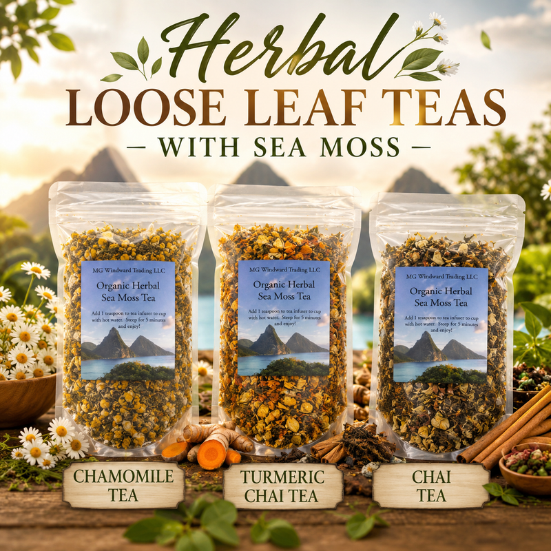 MG Windward Trading LLC Premium Irish Sea Moss Herbal Teas Sea Moss Tea Seashell Egyptian Lemongrass,Chamomile,Chai,Mango,Pomegranite Green Tea,Turmeric Golden Chai,Raspberry,Moroccan Mint