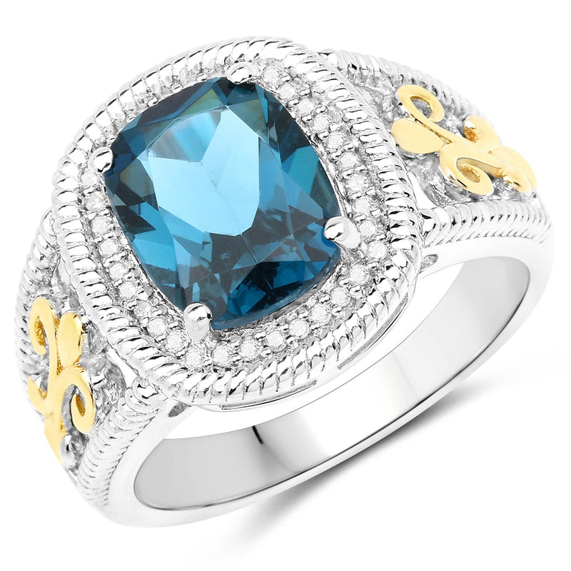 Bids.com 3.59 Carat Genuine London Blue Topaz and White Diamond 14K Yellow Gold with .925 Sterling Silver Ring Rings White Smoke size 6.00,size 7.00,size 8.00