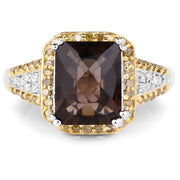 Bids.com 3.48 Carat Genuine Smoky Quartz, Yellow Diamond and White Diamond .925 Sterling Silver Ring Rings White Smoke size 6.00,size 7.00,size 8.00,size 5.00,size 9.00,size 10.00