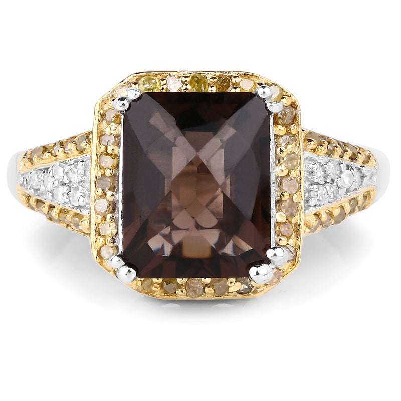 Bids.com 3.48 Carat Genuine Smoky Quartz, Yellow Diamond and White Diamond .925 Sterling Silver Ring Rings White Smoke size 6.00,size 7.00,size 8.00,size 5.00,size 9.00,size 10.00