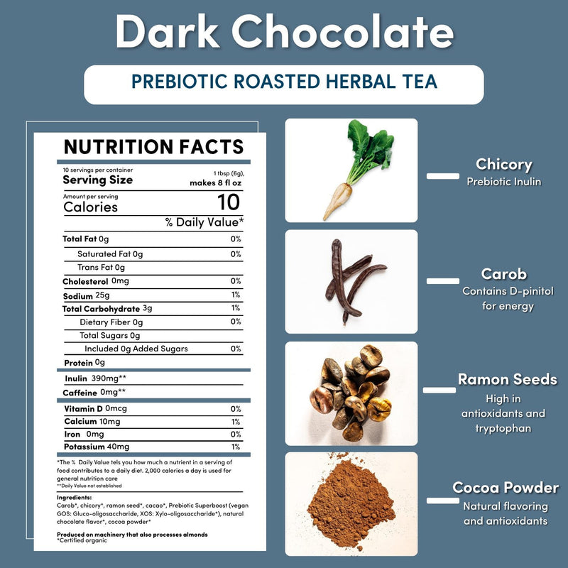 Teeccino Dark Chocolate Prebiotic SuperBoost Herbal Tea Herbal Tea White Smoke 25 tea bags,10 tea bags