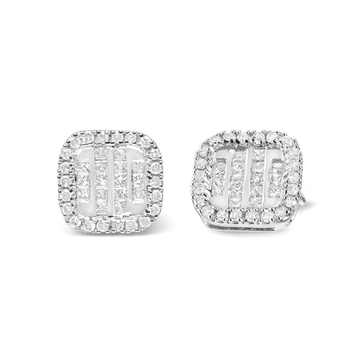 Bids.com 10K White Gold 7/8 Cttw Diamond Princess Composite and Halo Stud Earrings (I-J Color, I1-I2 Clarity) Earrings Light Gray White.Gold / 0.87