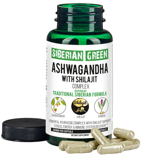 SiberianGreen.com Ashwagandha with Altai Shilajit & Turmeric | Ayurvedic Herbal Complex 60 Capsules Herbs White Smoke