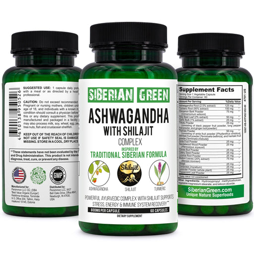 SiberianGreen.com Ashwagandha with Altai Shilajit & Turmeric | Ayurvedic Herbal Complex 60 Capsules Herbs White Smoke