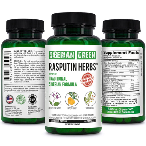SiberianGreen.com Rasputin Herbs with Horny Goat Weed Maca Root Complex 60 Caps Herbal White Smoke