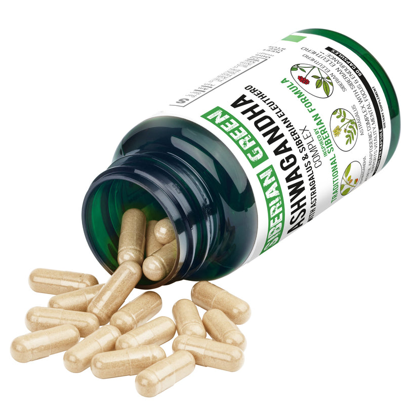 SiberianGreen.com Organic Ashwagandha, Astragalus & Siberian Ginseng Complex – 60 Vegan Capsules Herbs White Smoke