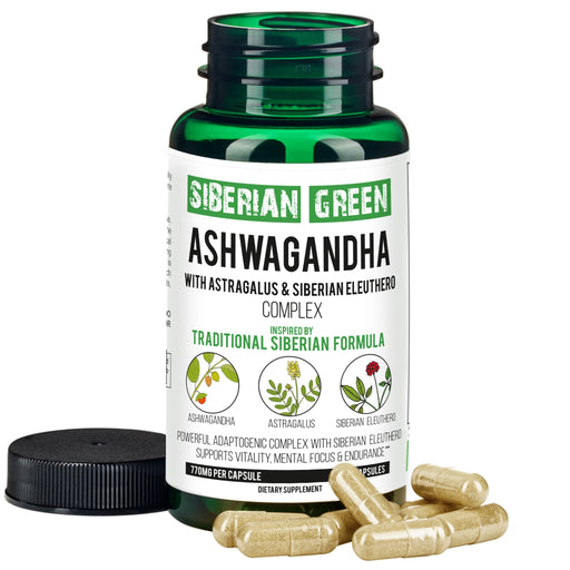 SiberianGreen.com Organic Ashwagandha, Astragalus & Siberian Ginseng Complex – 60 Vegan Capsules Herbs White Smoke