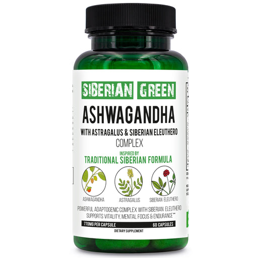 SiberianGreen.com Organic Ashwagandha, Astragalus & Siberian Ginseng Complex – 60 Vegan Capsules Herbs White Smoke