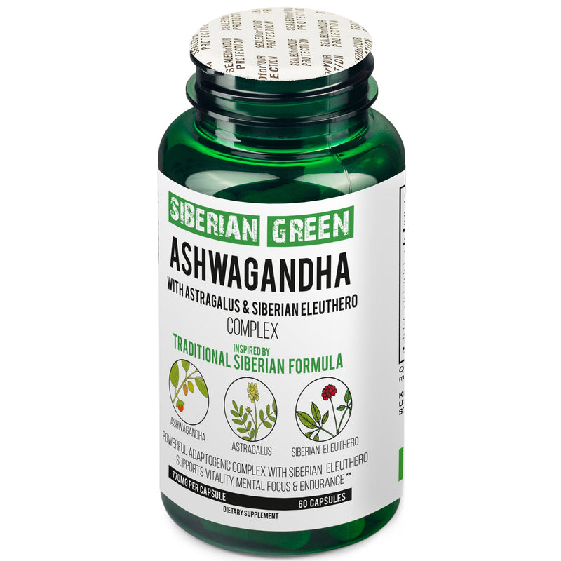 SiberianGreen.com Organic Ashwagandha, Astragalus & Siberian Ginseng Complex – 60 Vegan Capsules Herbs White Smoke