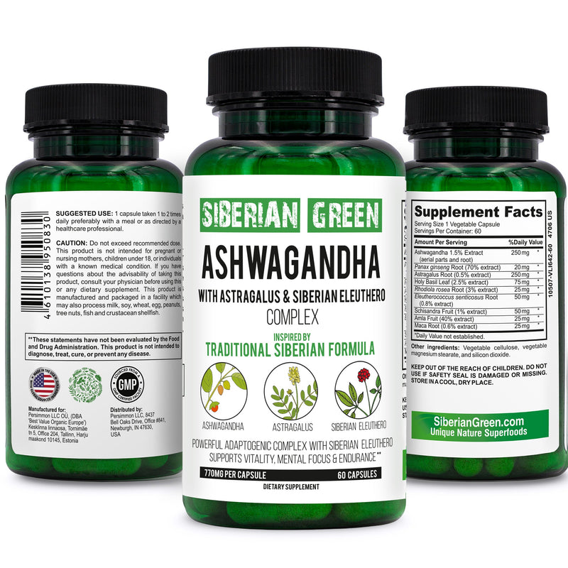 SiberianGreen.com Organic Ashwagandha, Astragalus & Siberian Ginseng Complex – 60 Vegan Capsules Herbs White Smoke