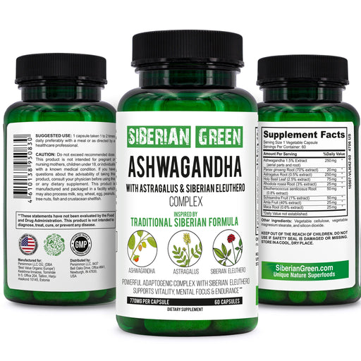 SiberianGreen.com Organic Ashwagandha, Astragalus & Siberian Ginseng Complex – 60 Vegan Capsules Herbs White Smoke