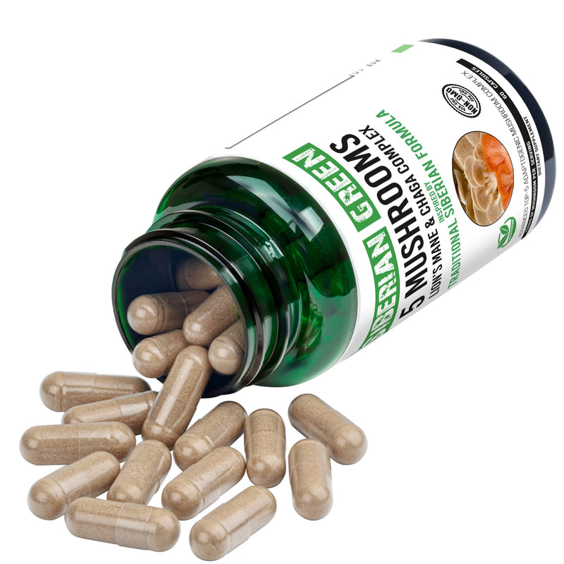 SiberianGreen.com Siberian Green 5 Mushrooms Complex- 60 Vegan Capsules Herbs White Smoke