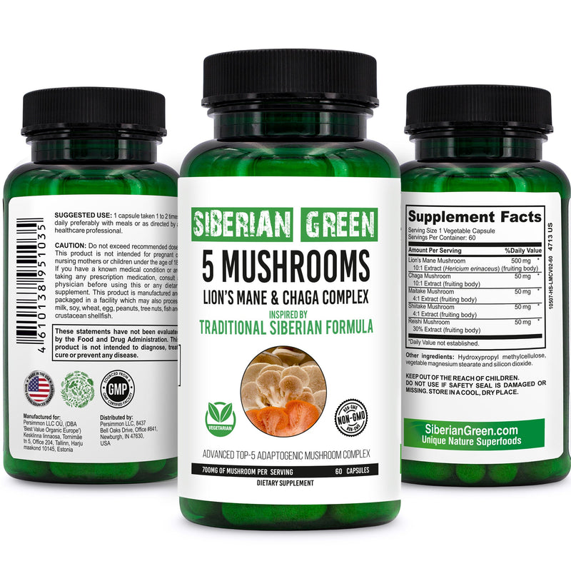 SiberianGreen.com Siberian Green 5 Mushrooms Complex- 60 Vegan Capsules Herbs White Smoke